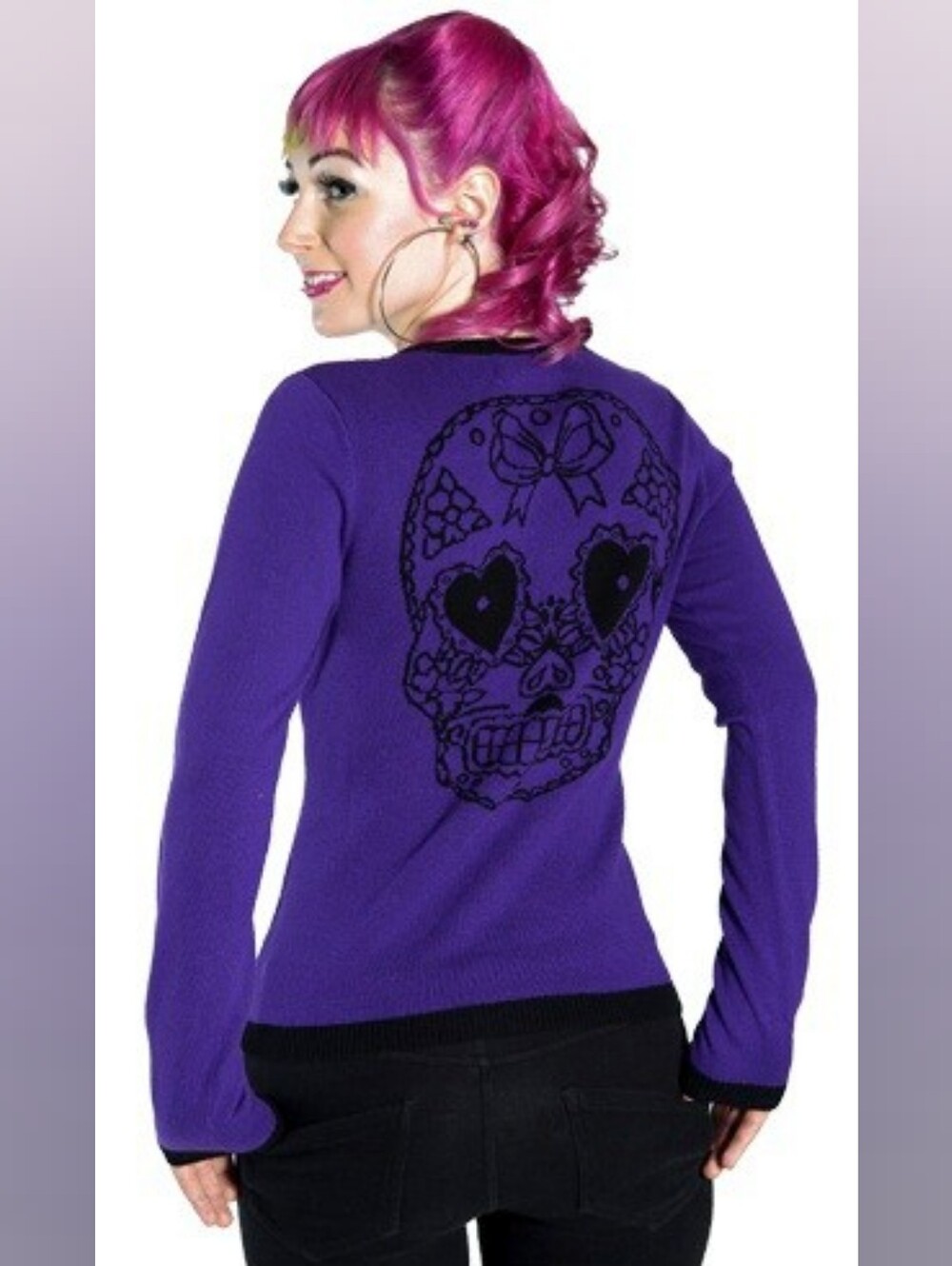 Sourpuss Purple Sugar Skull Crew Neck Cardigan Sweater, Size 2x GUC